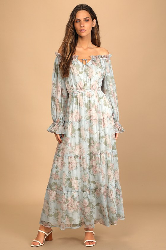 Light Blue Floral Print Dress - Long ...